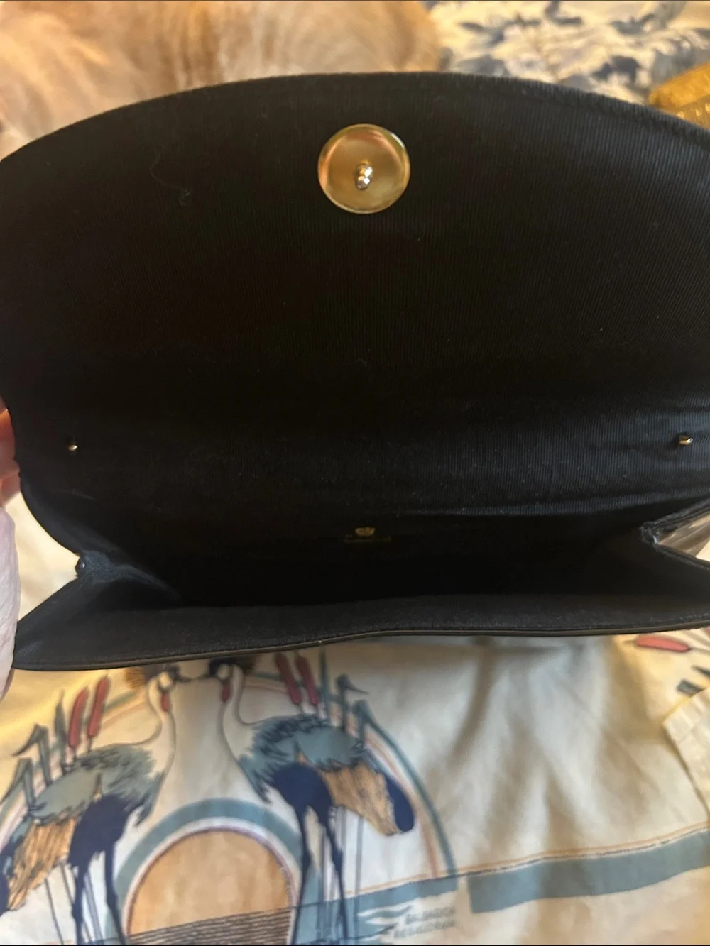 Vintage Miss Lewis Black Patent Envelope Clutch with Gold Owl Emblem